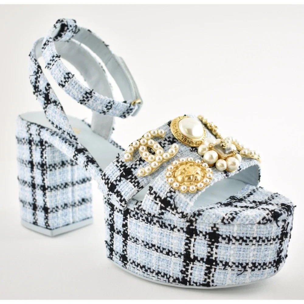 Chanel 25S Blue Black Tweed Pearl CC Logo Platform Strap Block Heel Sandal 40